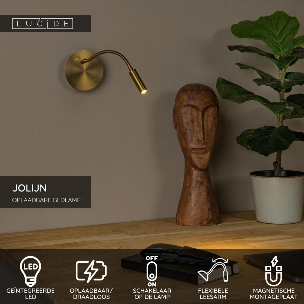 Rechargeable wall lamp Jolijn bedside lamp gold Lucide 5411212771377