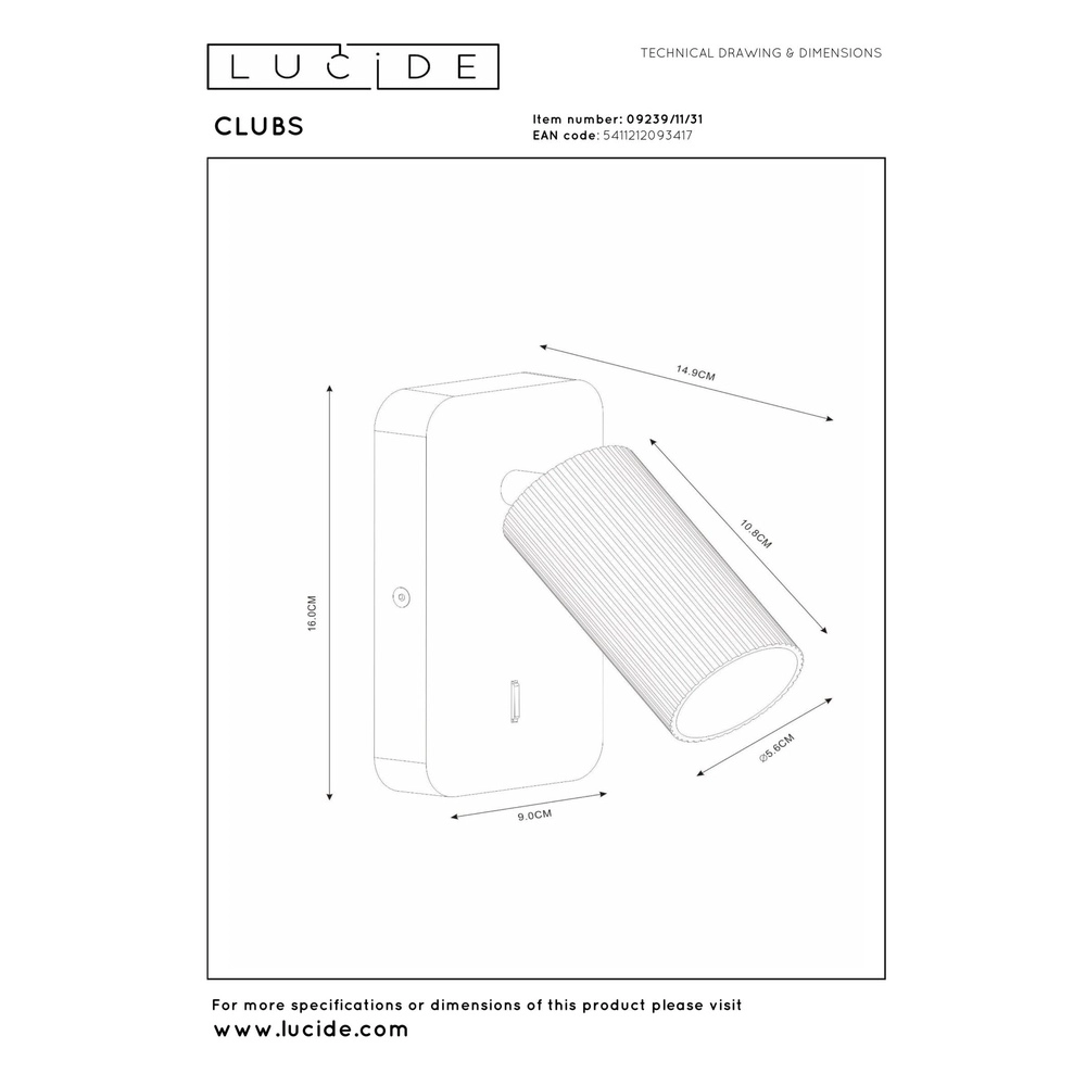 Bedside lamp Clubs white with switch Lucide 5411212093417