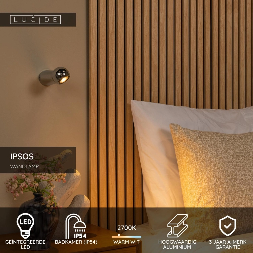 Bathroom wall lamp Ipsos chrome IP54 Lucide 5411212333995