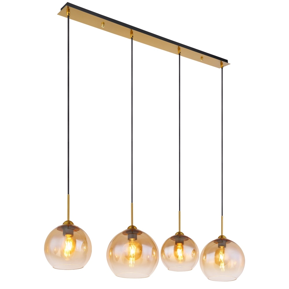Golden pendant lamp Jamessa 4-light with amber glass