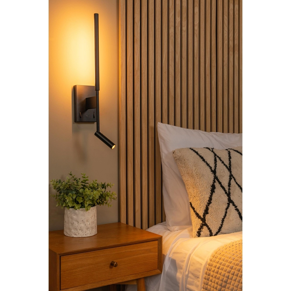 Design wall lamp Finan with reading lamp and USB charging point black Lucide 5411212680020