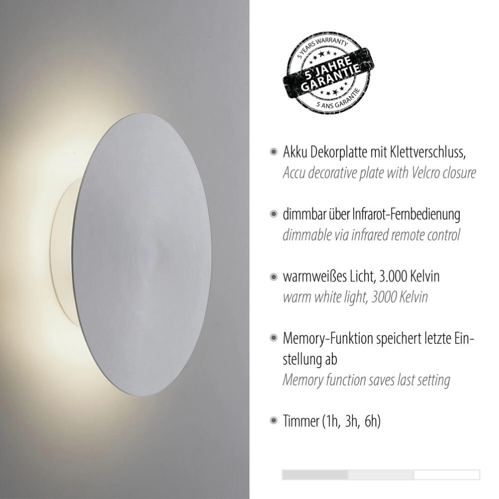 Design wall lamp Akku Puntua Ø 18cm aluminum Paul Neuhaus 4012248372500