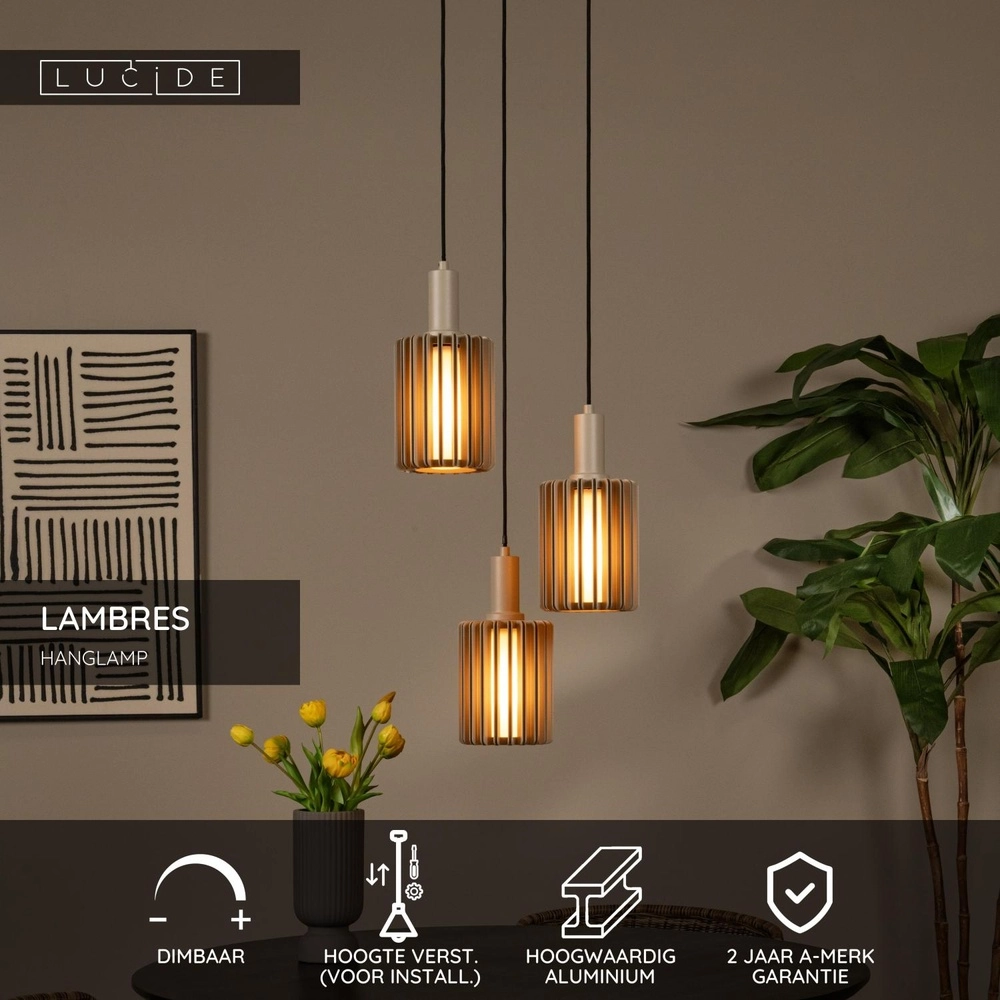 3-light pendant lamp Lambres taupe Lucide 5411212452917