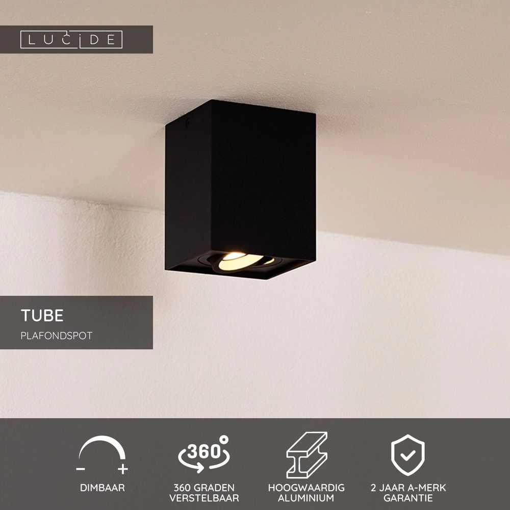 Surface-mounted ceiling spot Tube Square Black Lucide 5411212221285
