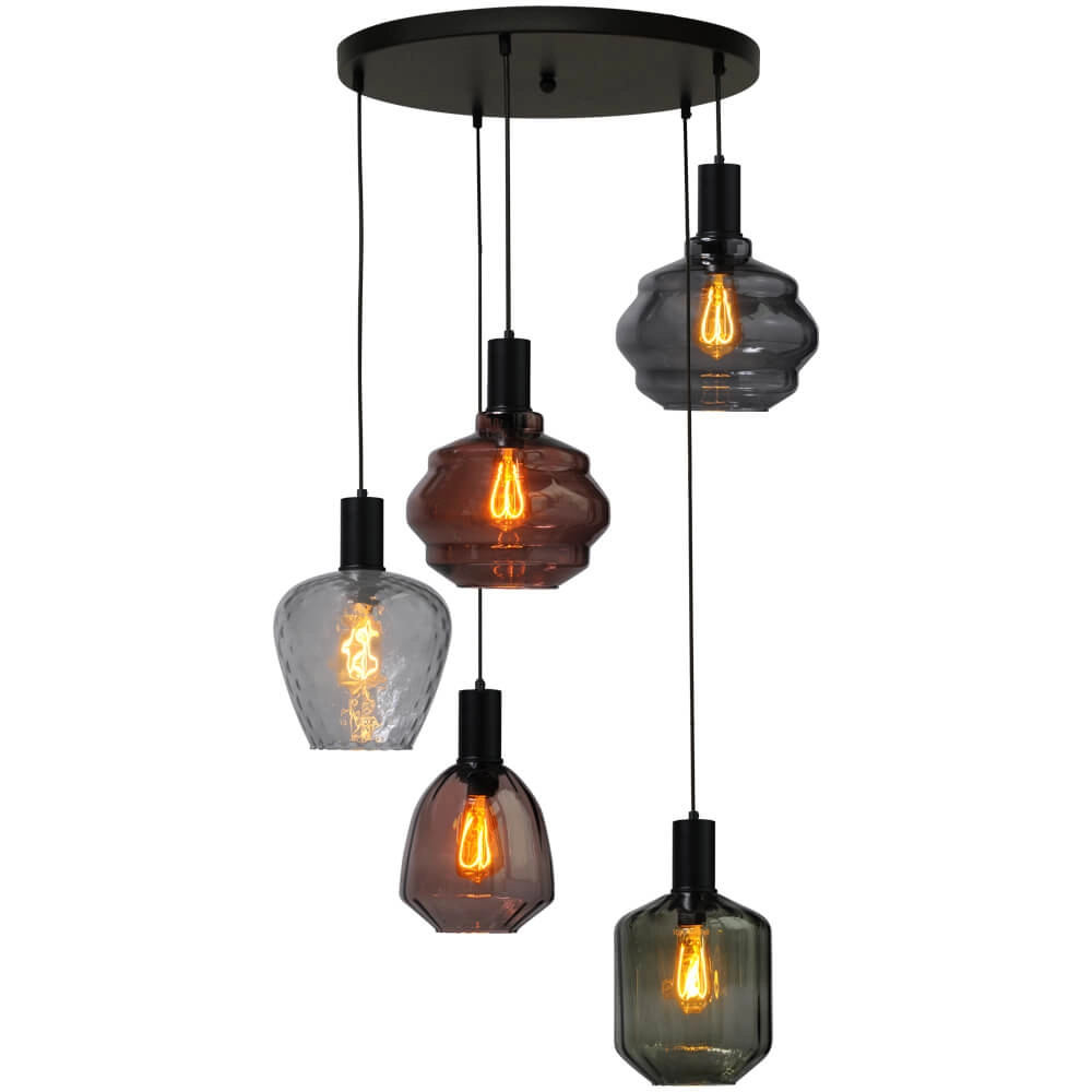 5-light loft hanging lamp - black - Porto with different glasses