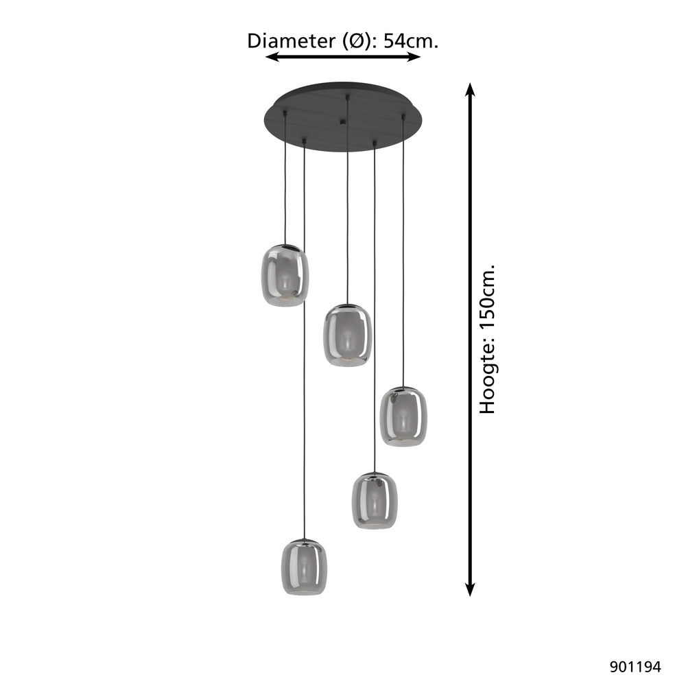 Dining table pendant lamp Ciampino 5L - smoke frosted glass Eglo 9008606312733