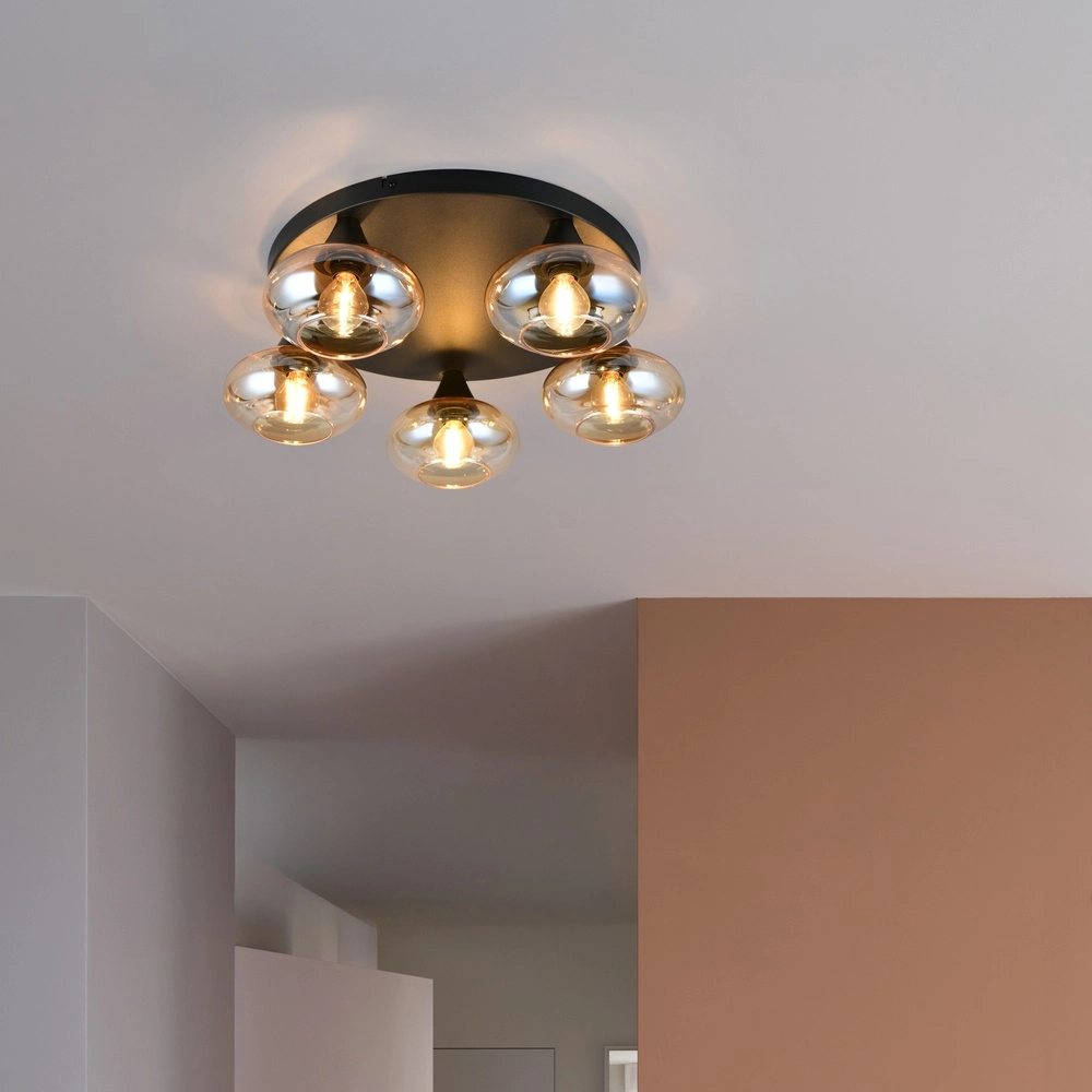 Ceiling lamp Divina 5-light black with amber glass Trio 4017807667455