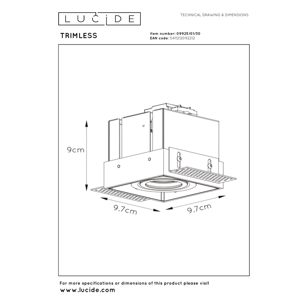 Sleek recessed spotlight Trimless Single Black Lucide 5411212092212