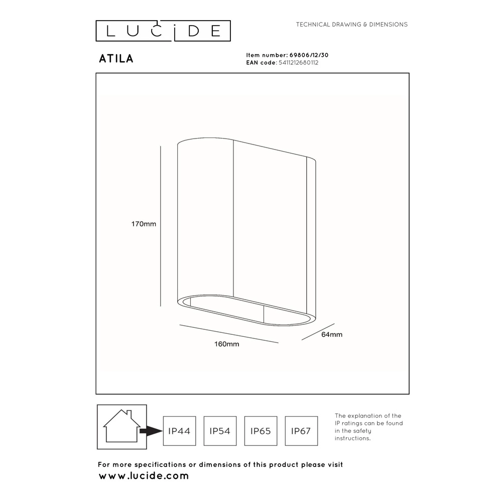 Design wall lamp Atila up and down black IP54 Lucide 5411212680112
