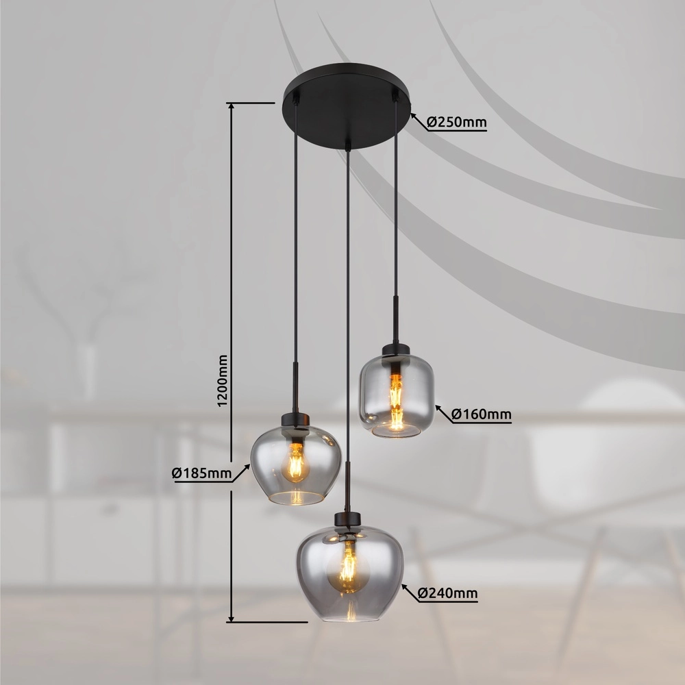 Design pendant lamp Matt 3-light black with smoke glass Globo 9007371448258