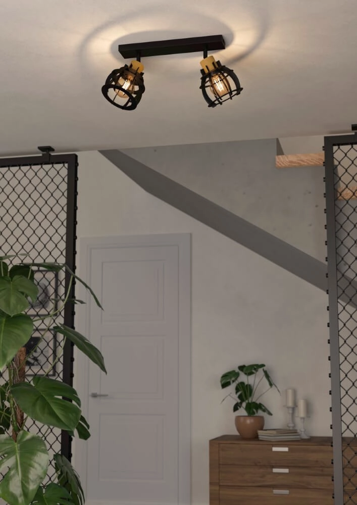 2-light ceiling lamp Stillington 1 black with wood Eglo 9002759439279
