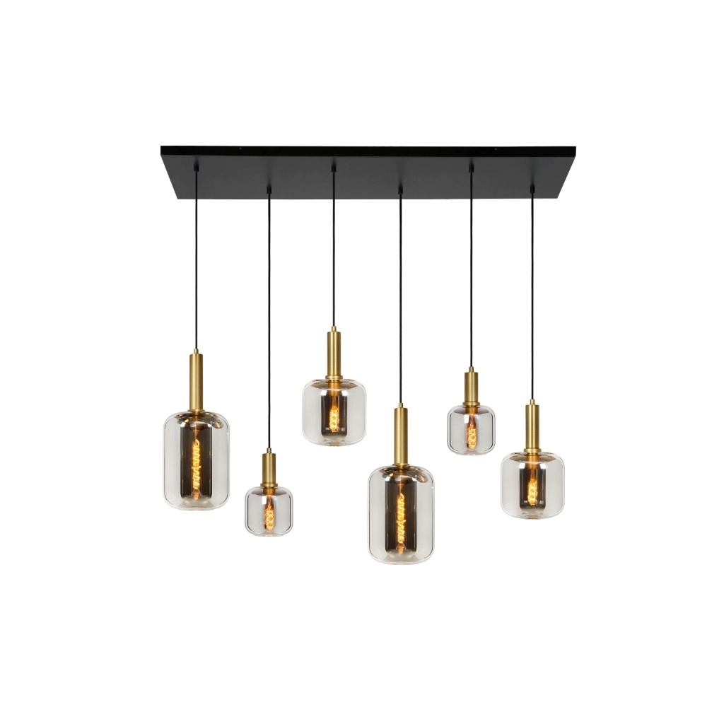6-light pendant lamp Joanet Straight gold with smoke glass