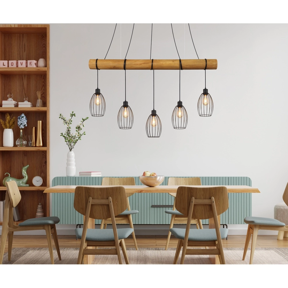 Country Pendant Lamp Berti 5-light wood with black Globo 9007371586325