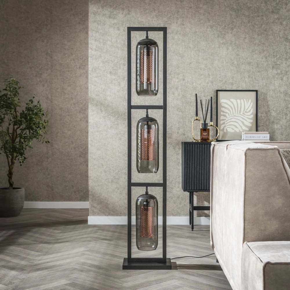 Glass floor lamp Smoke 3x E27 - 158cm - black with copper Lyora 8716803512153