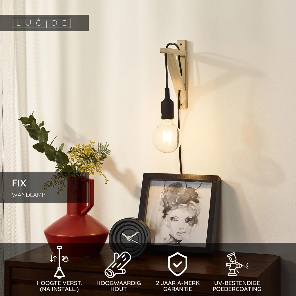 Wooden wall lamp Fix with black cord Lucide 5411212082824