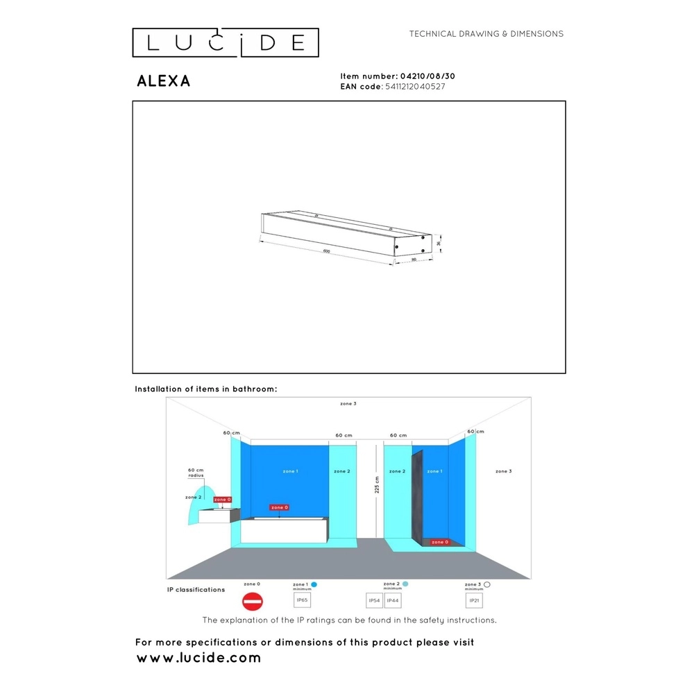 Bathroom wall lamp Alexa 60cm black - IP44 - 8W Lucide 5411212040527