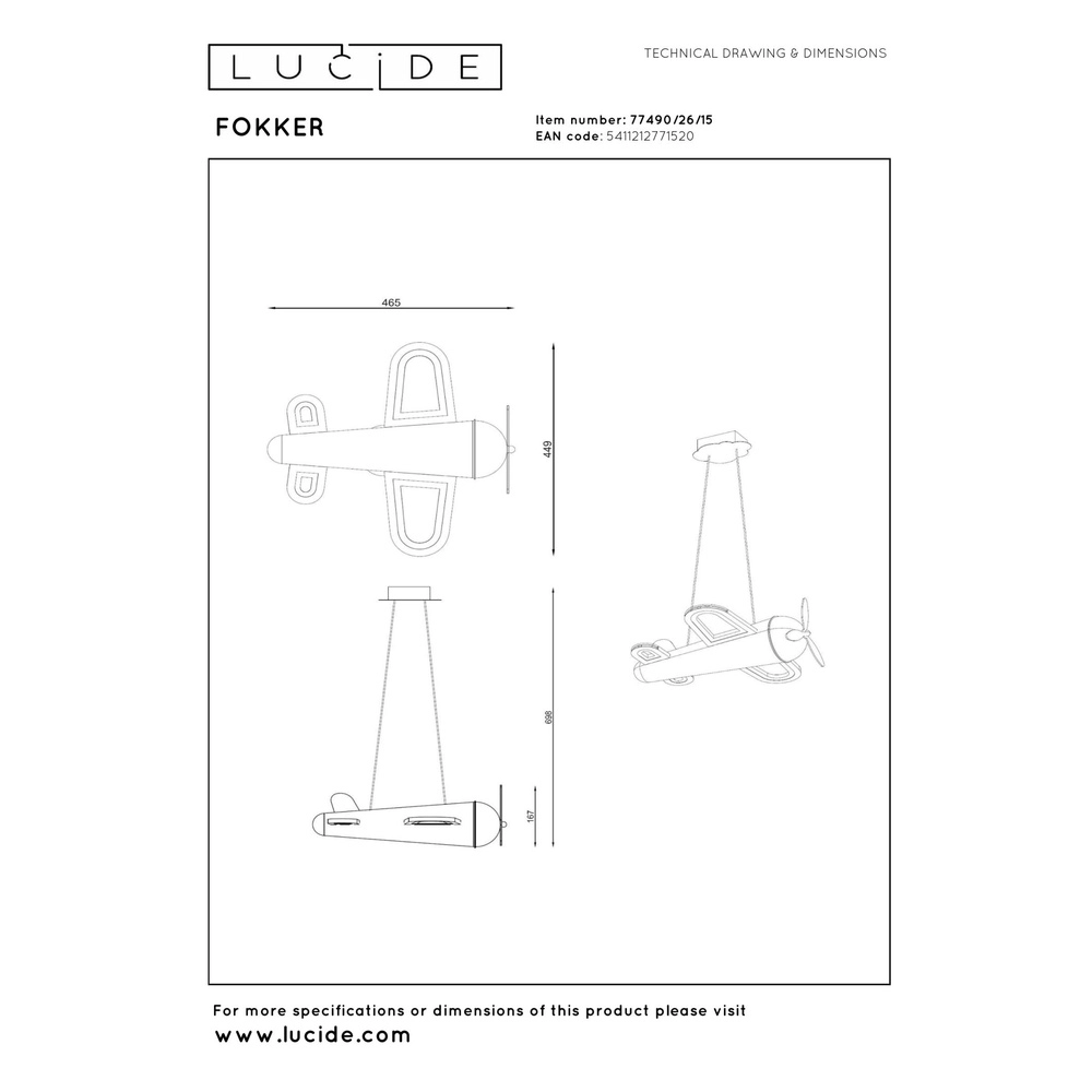 Children's room pendant lamp Fokker Airplane Metallic Gray Lucide 5411212771520