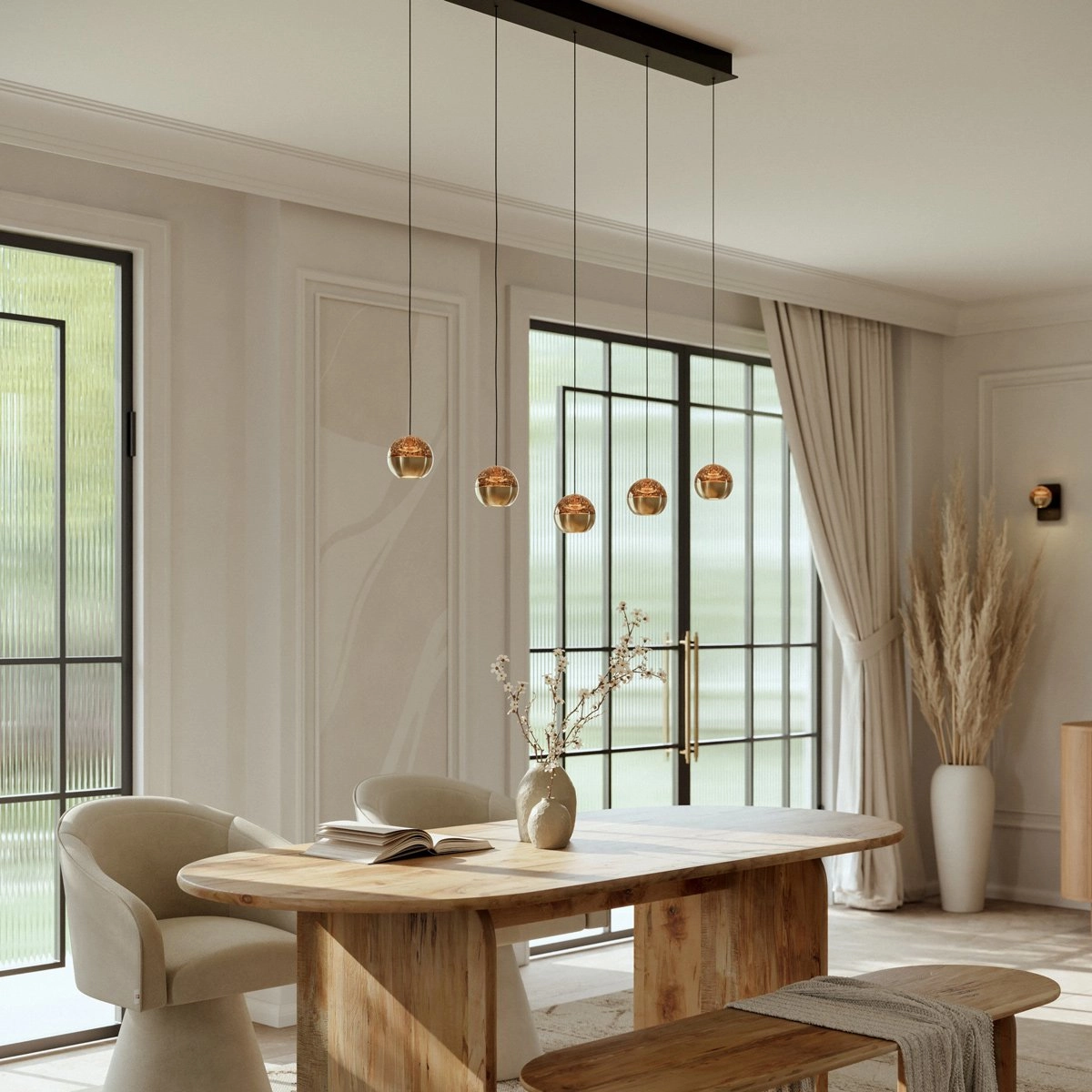 5-light dining table pendant lamp Belluno LED - brass gold with glass Steinhauer 8712746183894