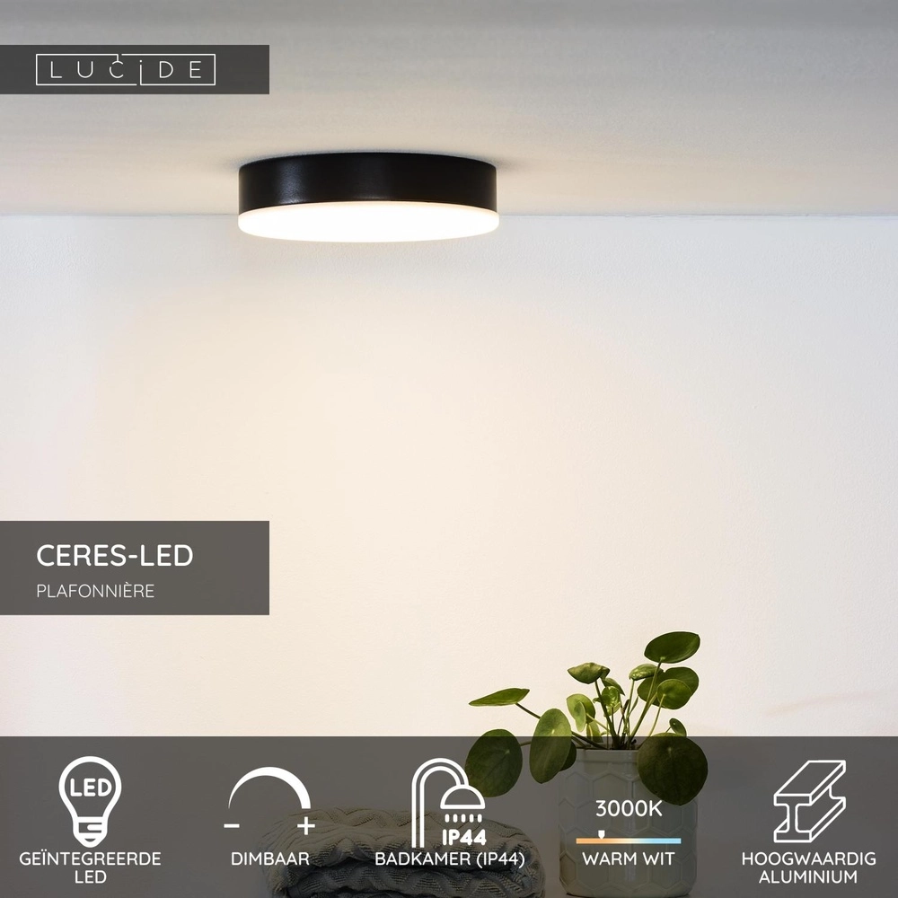 Ceiling light Ceres-Led IP44 black Ø 21,5cm Lucide 5411212281128