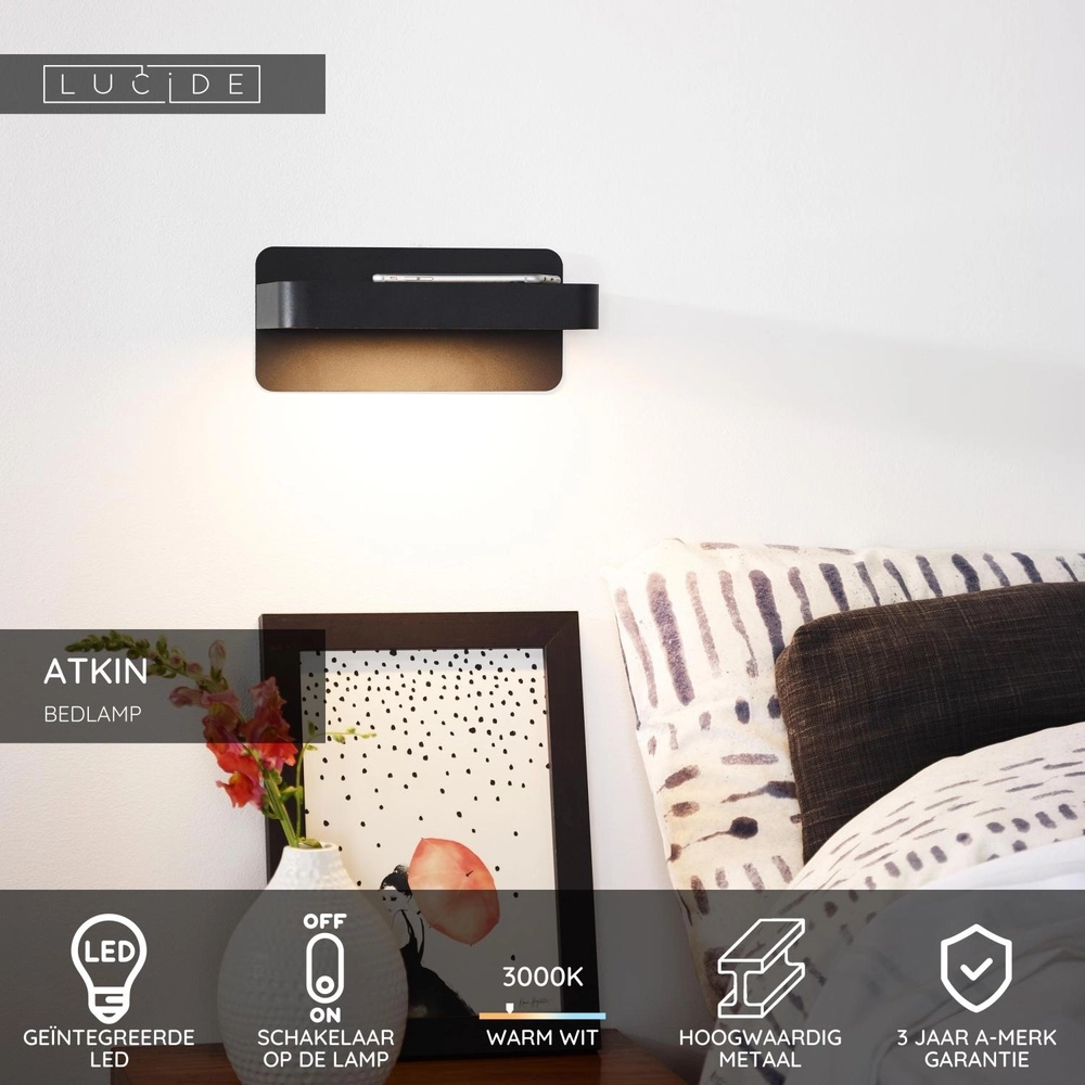 Bedside lamp Atkin with USB charging point black Lucide 5411212770820
