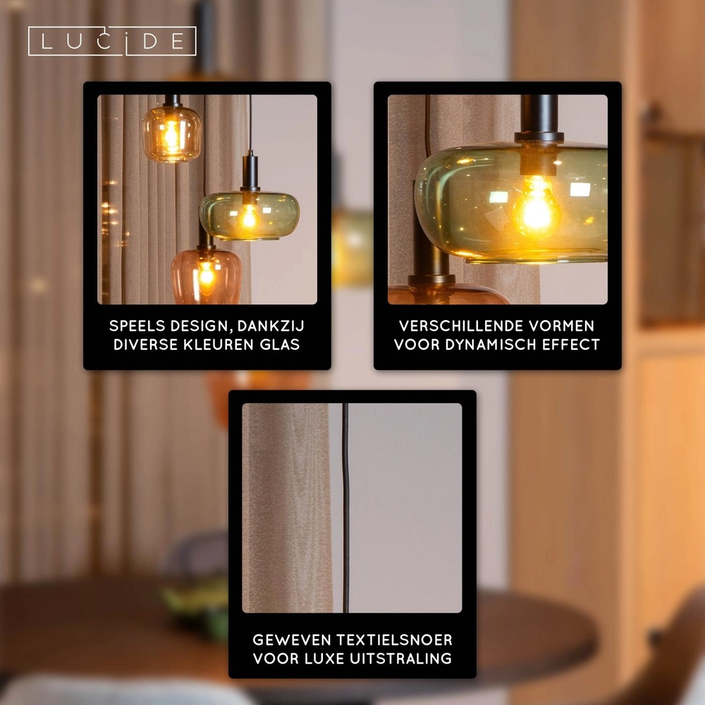 3-light pendant lamp Ilona black with colored lenses Lucide 5411212452740