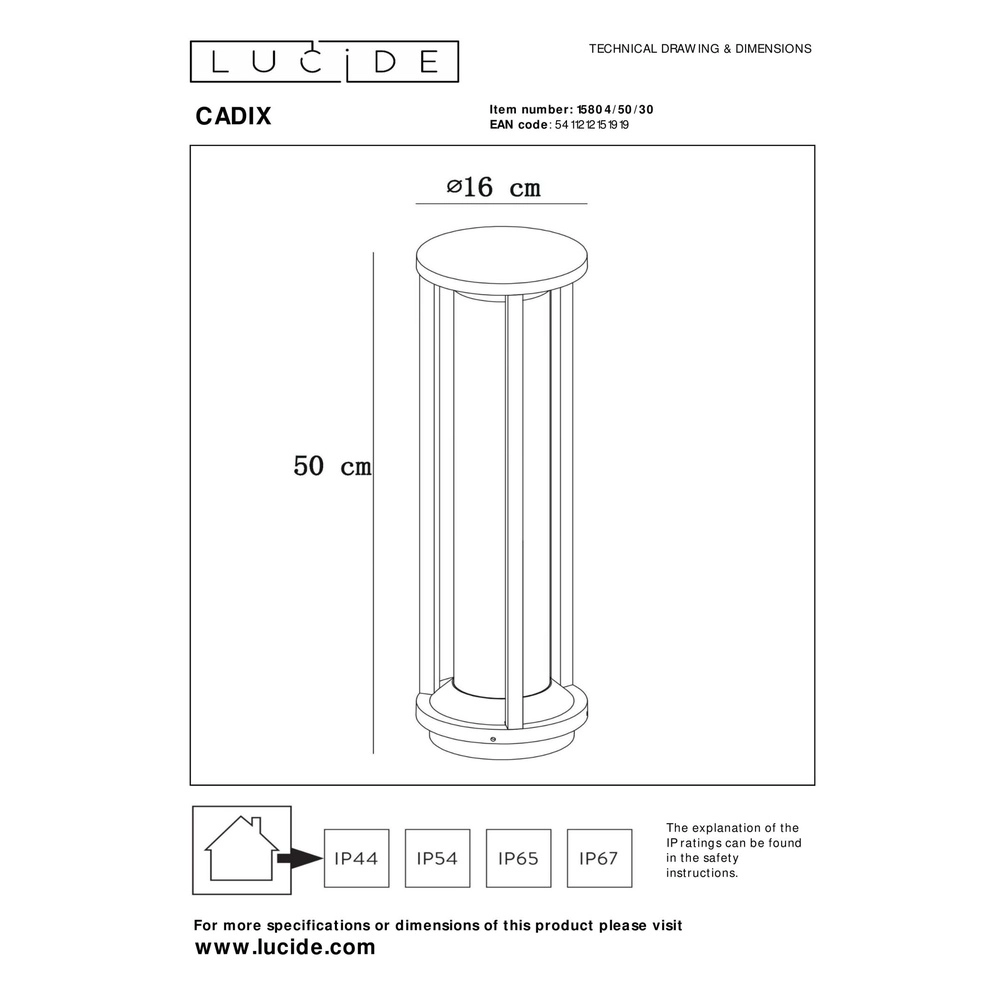 Pedestal lamp 50cm Cadix black IP65 Lucide 5411212151919