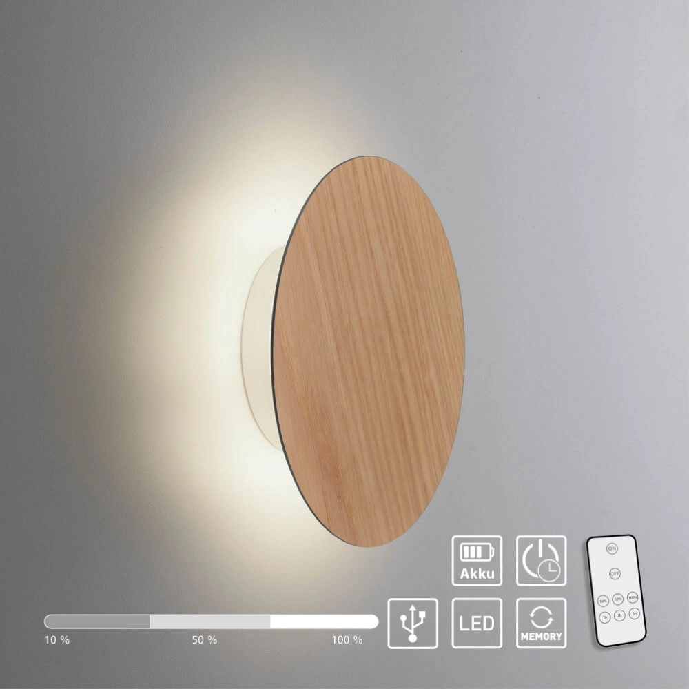 Design wall lamp Akku Puntua Ø 18cm wood Paul Neuhaus 4012248375785