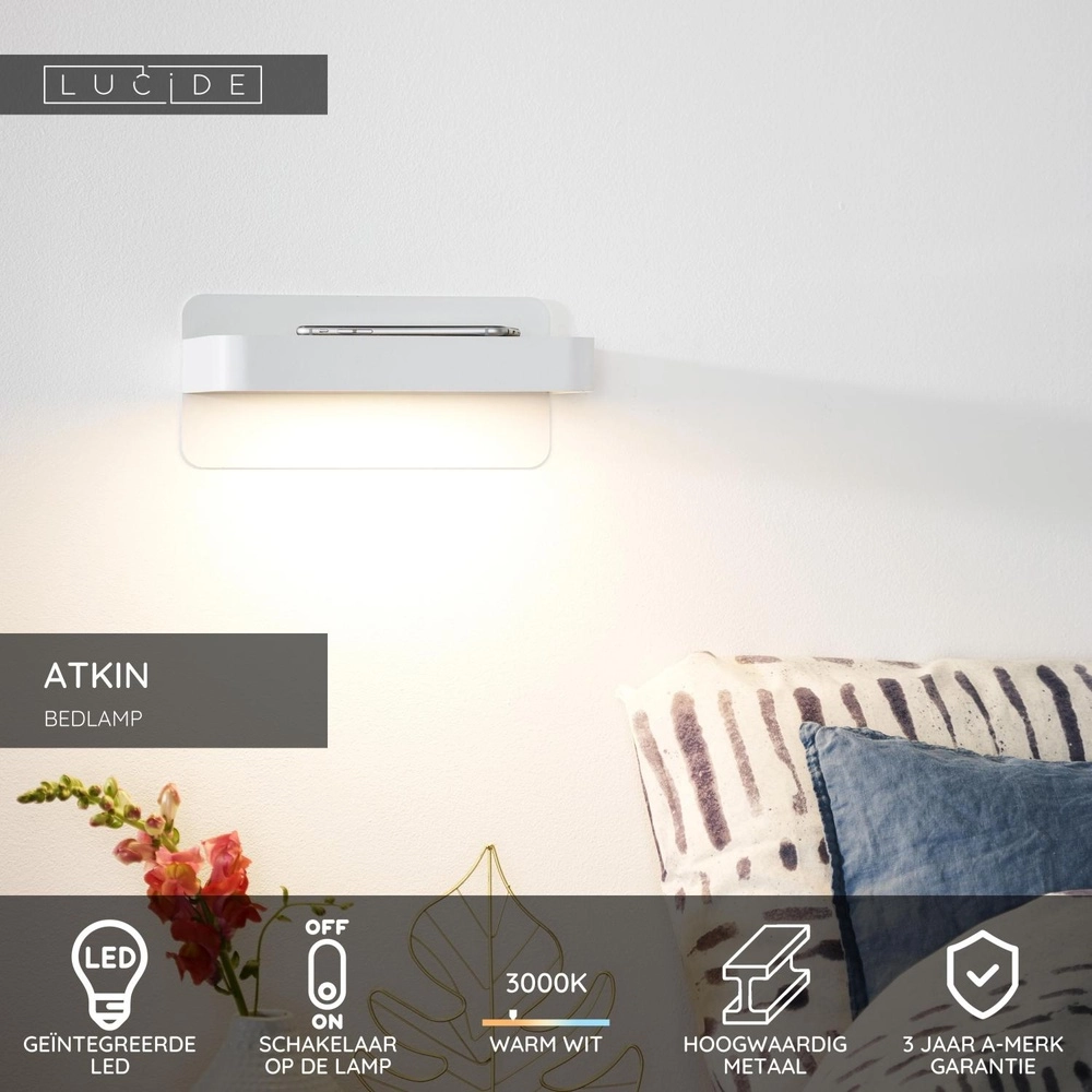 Bedside lamp Atkin with USB charging point white Lucide 5411212770837