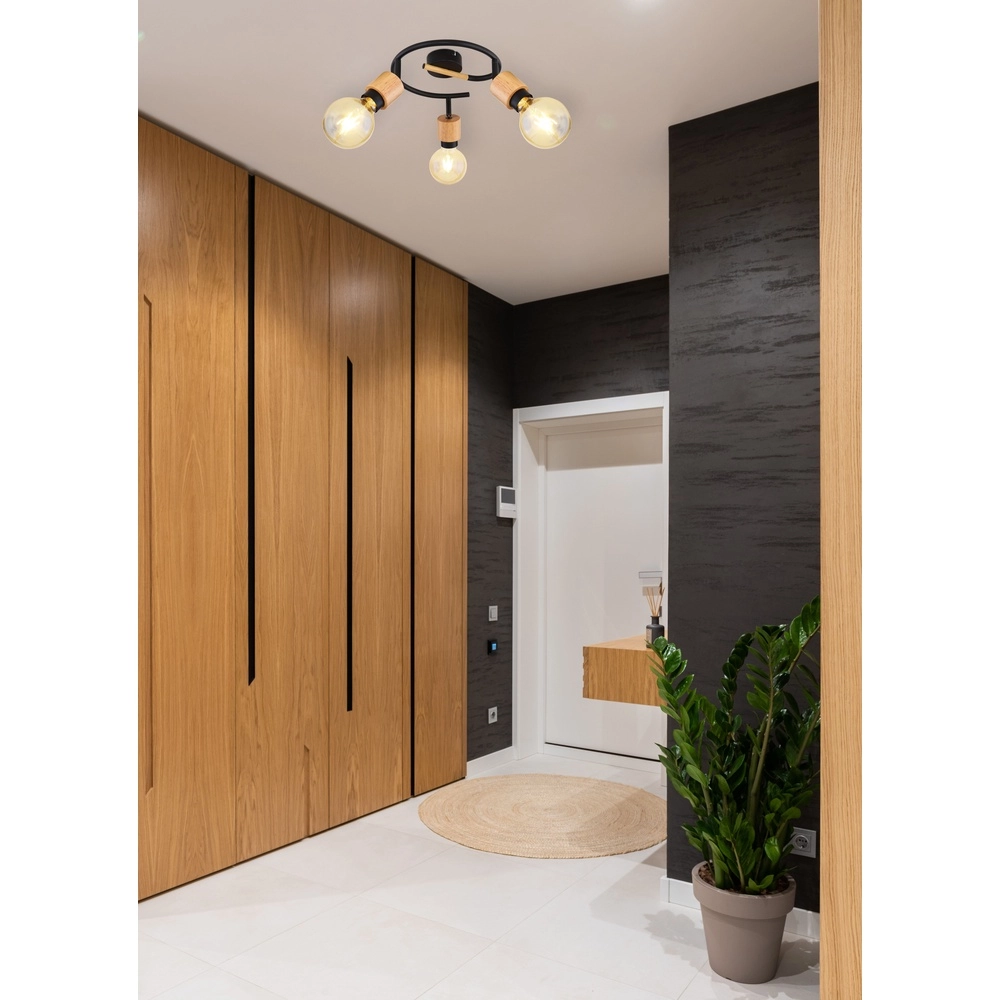 Ceiling lamp Jorna 3-light black with wood Globo 9007371405282