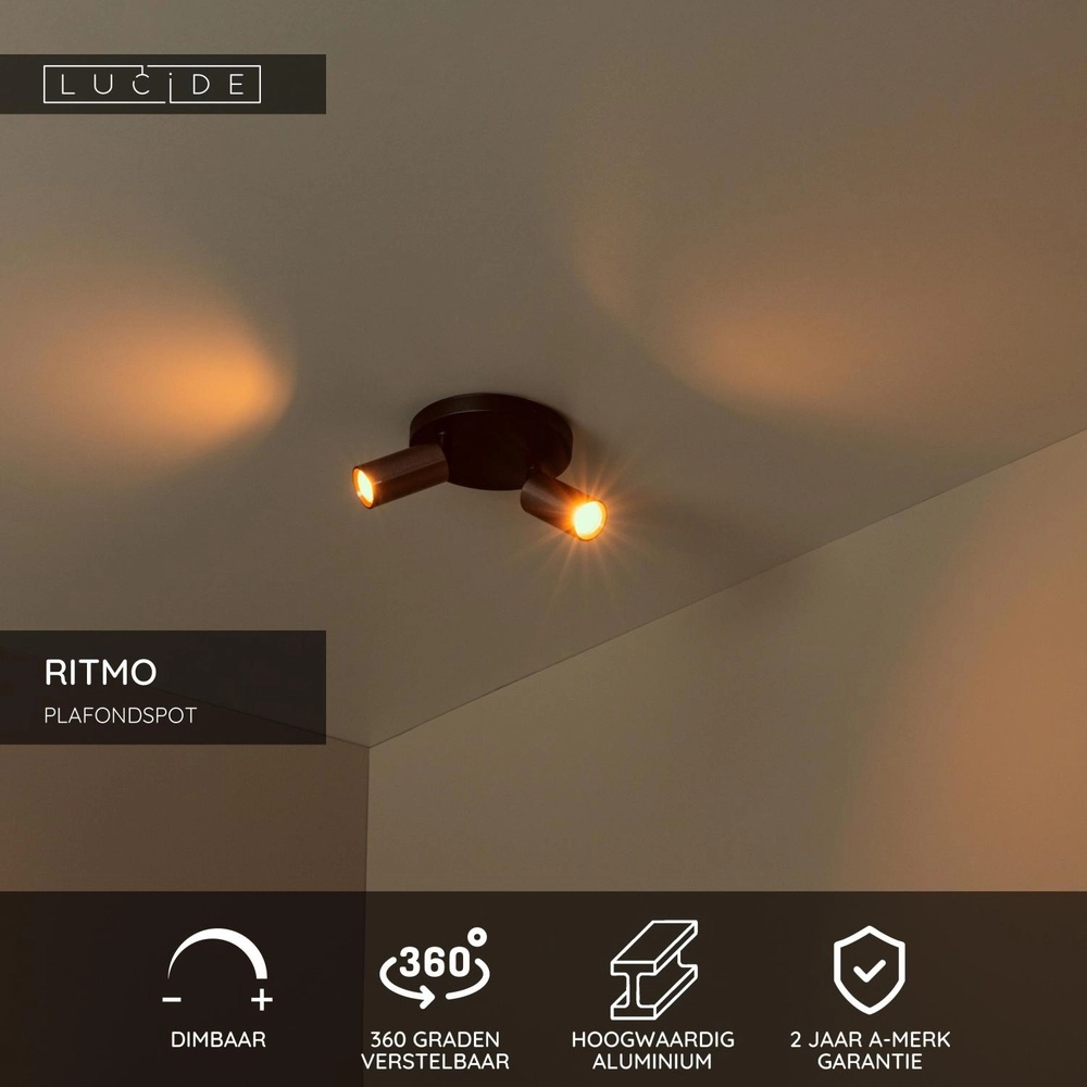 Ceiling spotlight Ritmo mini GU10 2-light coffee brown Lucide 5411212093998