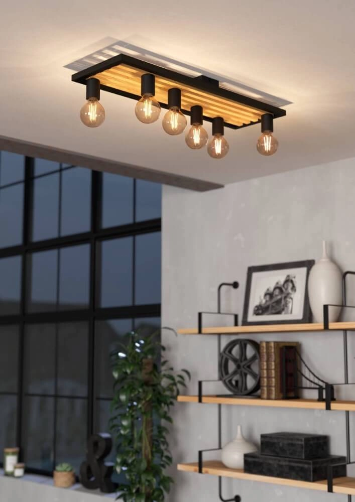 6-light ceiling lamp Consett black with wood Eglo 9002759437244