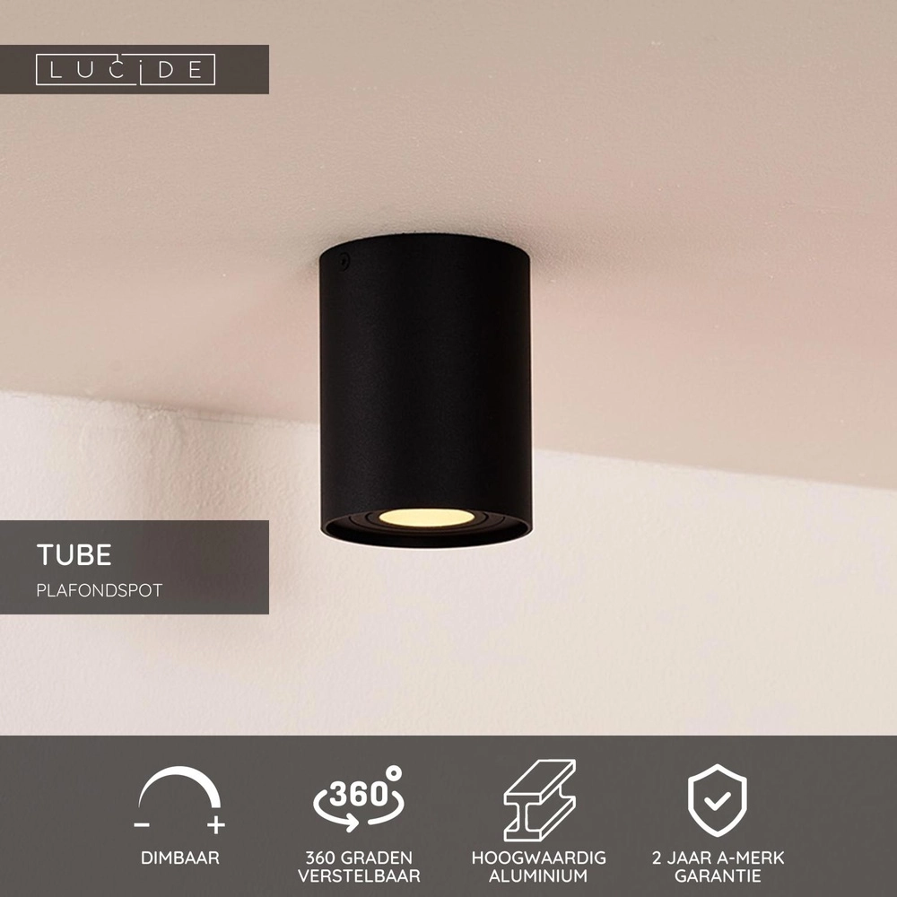 Surface-mounted ceiling spot Tube black Ø 9.6cm Lucide 5411212221278