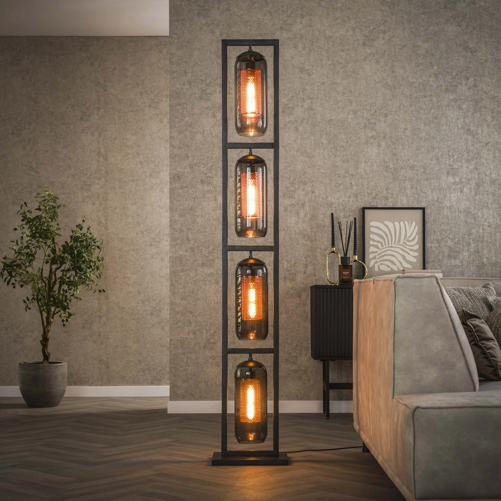 Glass floor lamp Smoke 4x E27 - 190cm - black with copper
