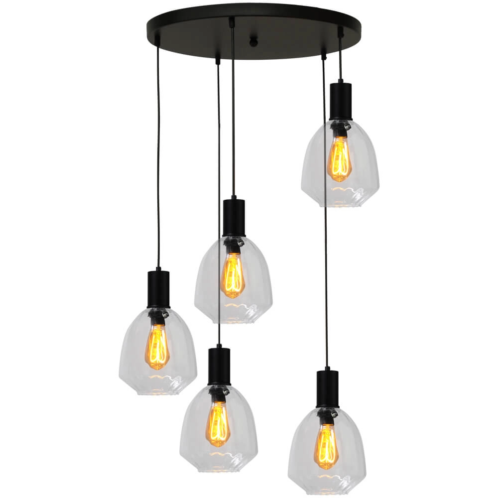 5-light loft hanging lamp - black - Porto with Nicolette clear lenses