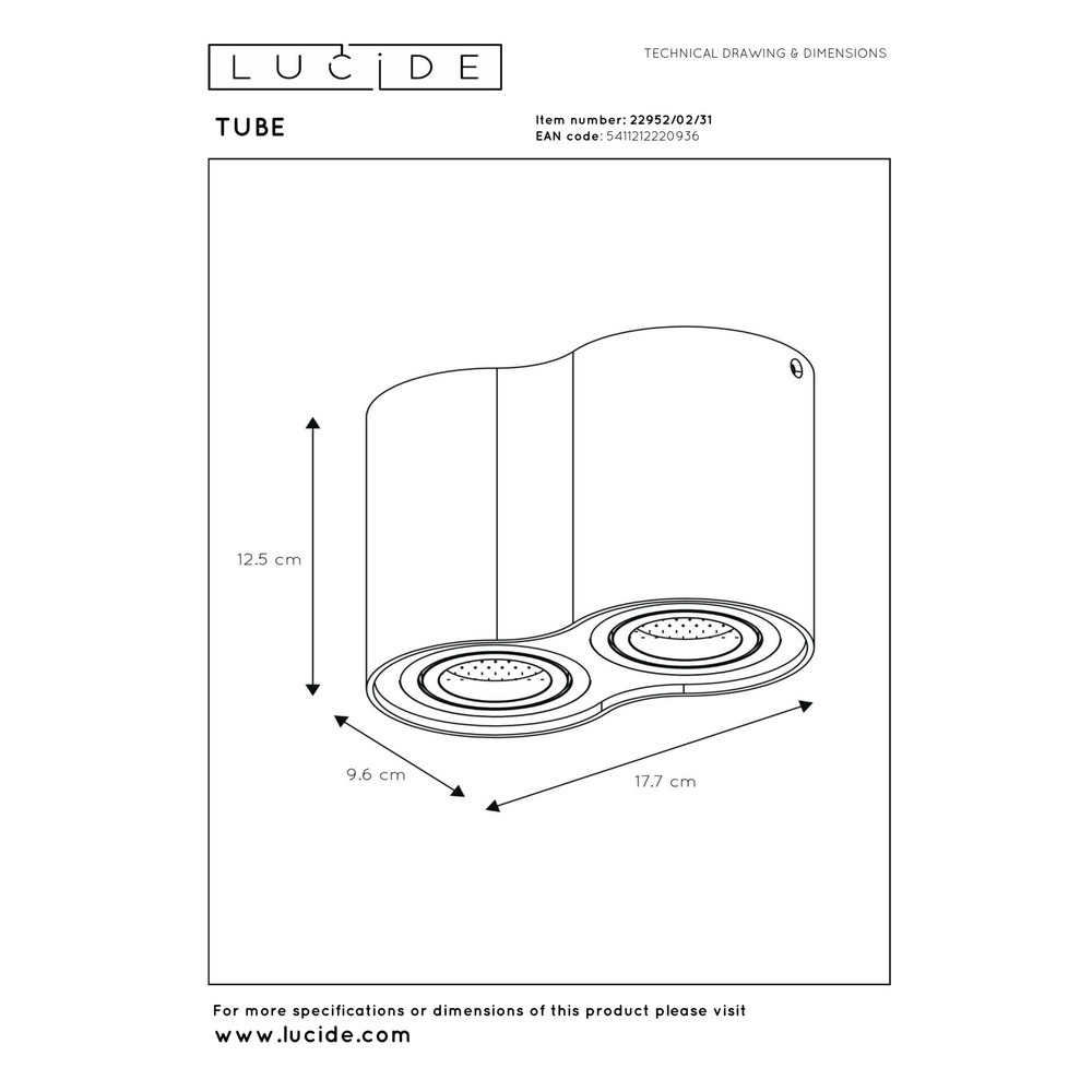 Surface-mounted ceiling spot Tube 2-light white Lucide 5411212220936