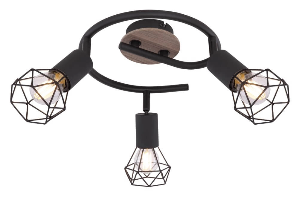 Ceiling light Xara I black with wood 3-light Ø 23cm