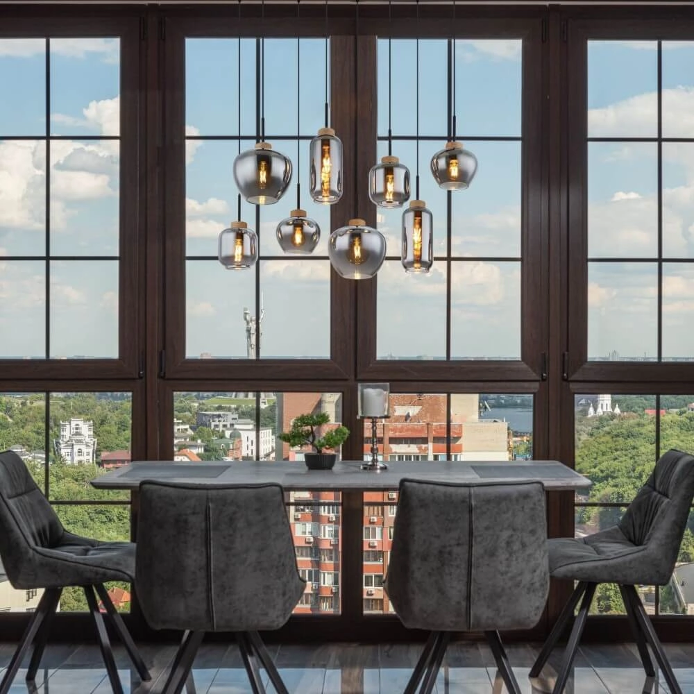 8-light pendant lamp Matt black with wood Globo 9007371444519