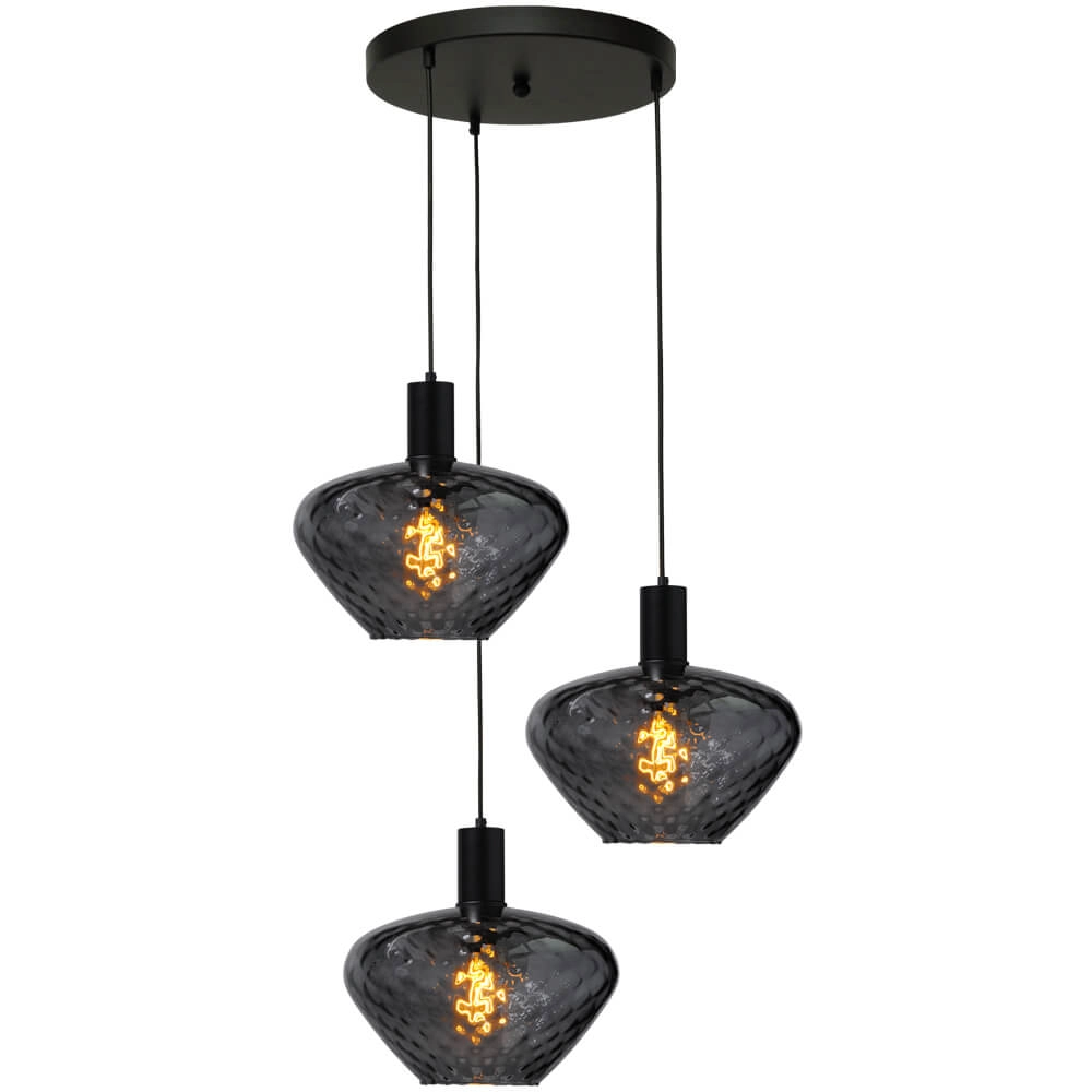 3-light loft hanging lamp - black - Porto with Blossom smoke glasses