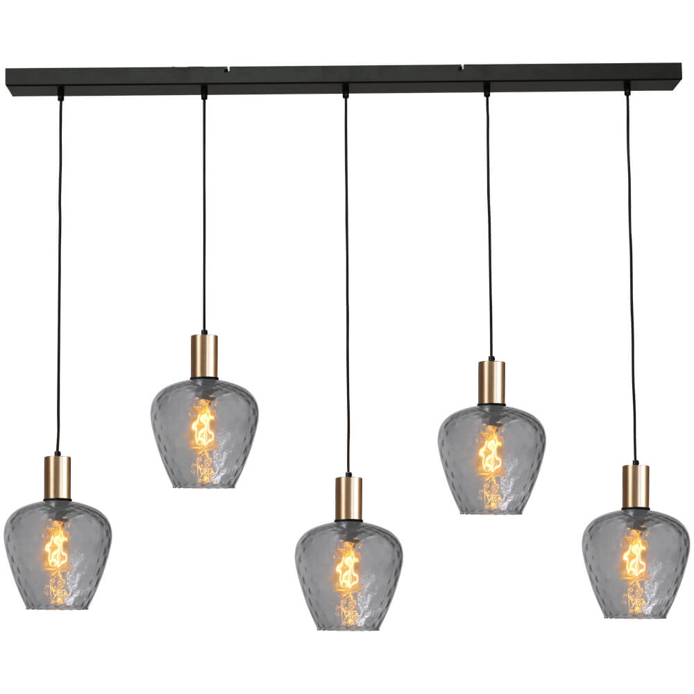 5-light hanging lamp - gold - Porto with Diamond smoke glasses