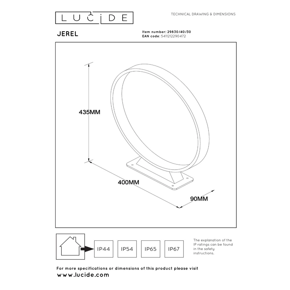 Round garden lamp Jerel black IP54 Ø 40cm Lucide 5411212290472