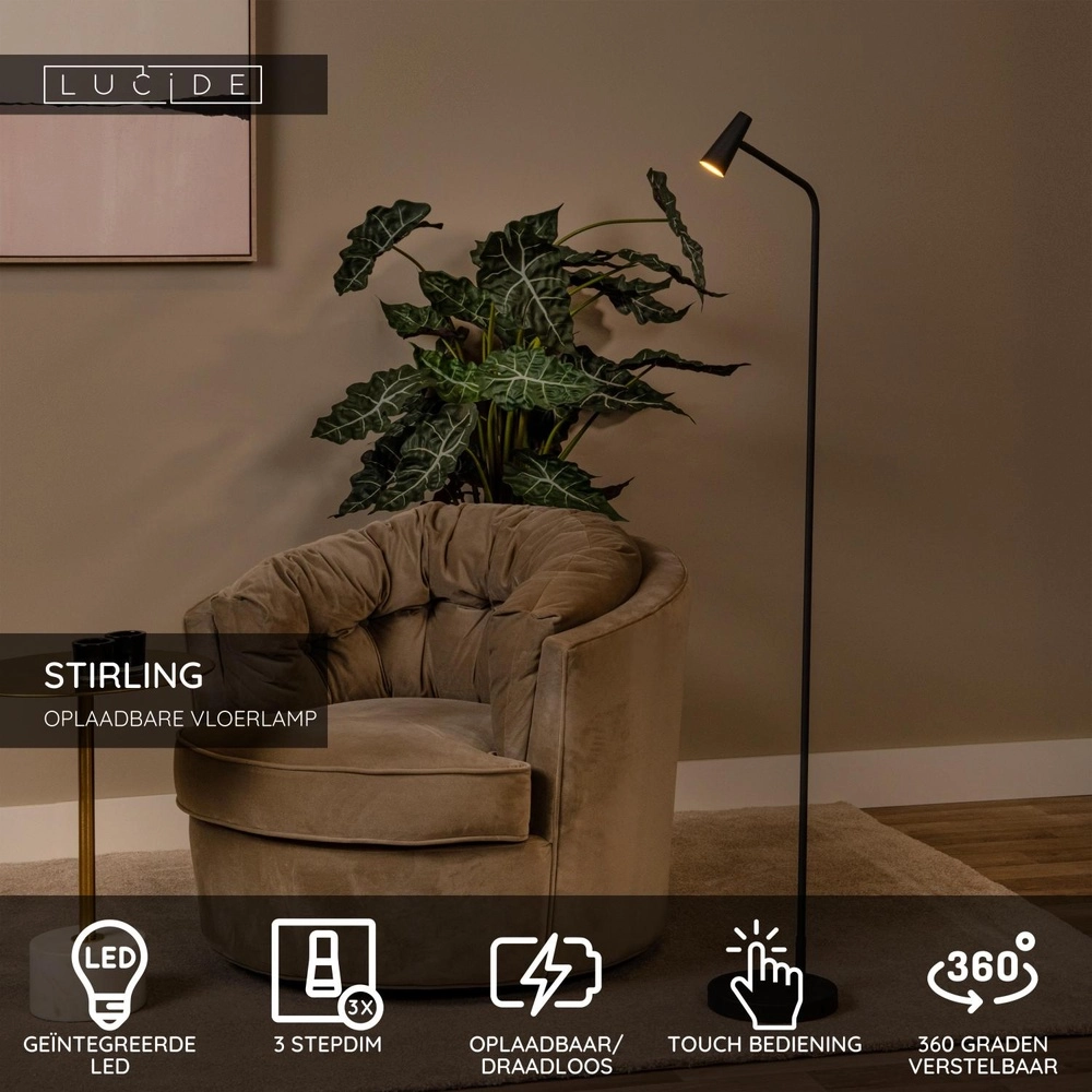 Rechargeable floor lamp Stirling Black Lucide 5411212361264