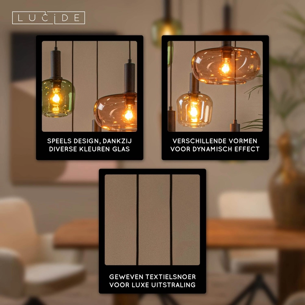 5-light pendant lamp Ilona black with colored lenses Lucide 5411212452757