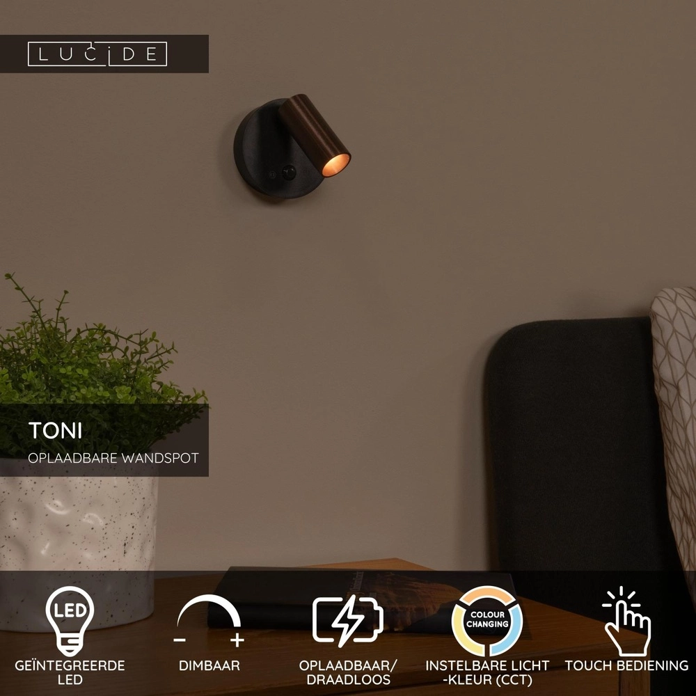 Rechargeable wall lamp with sensor Toni magnetic metallic grey Lucide 5411212290564