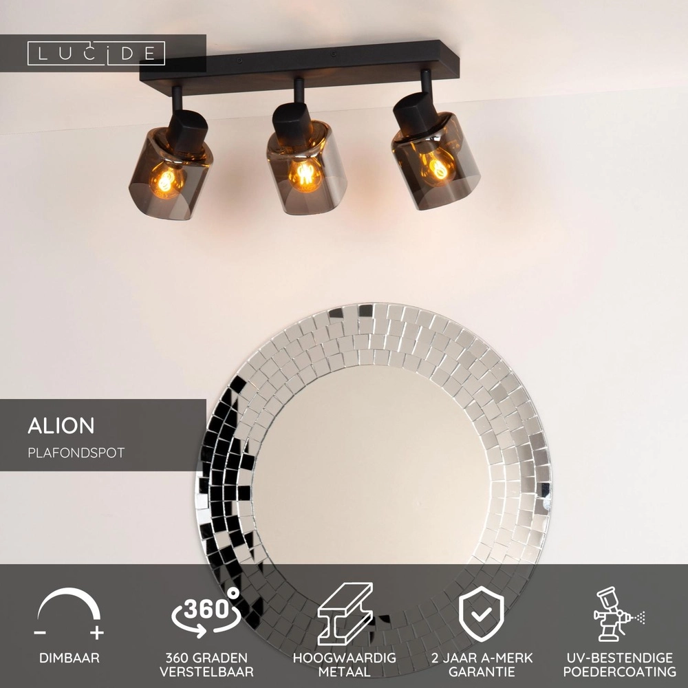 Ceiling lamp Alion 3-light black with smoke glass Lucide 5411212177001