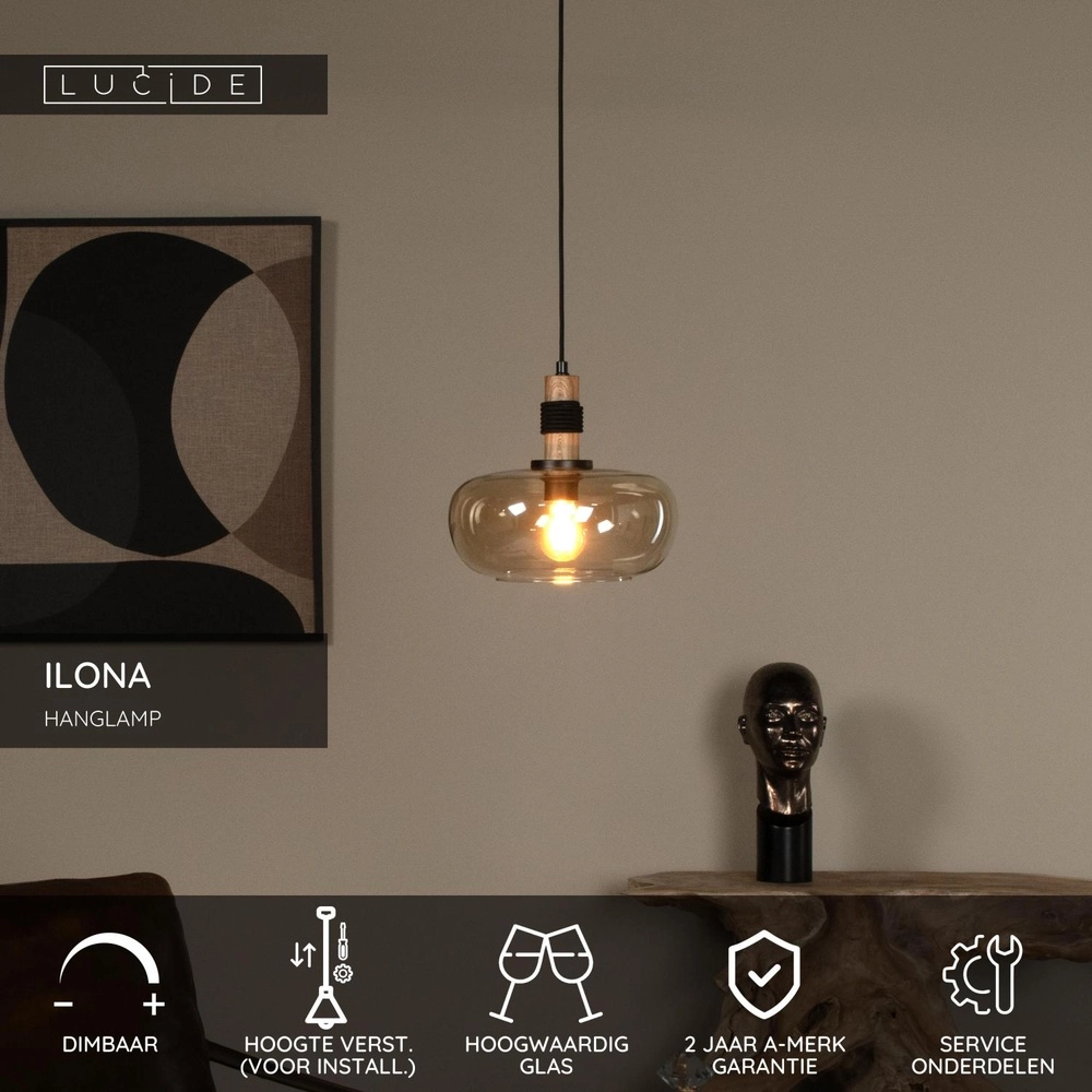 Pendant lamp Ilona Ø 30cm black with amber glass Lucide 5411212452672