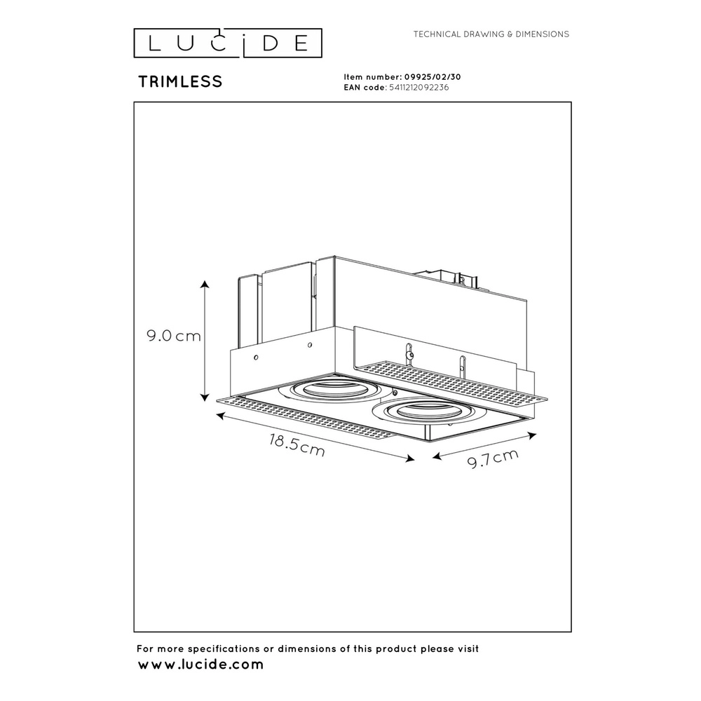 Sleek recessed spotlight Trimless Double Black Lucide 5411212092236