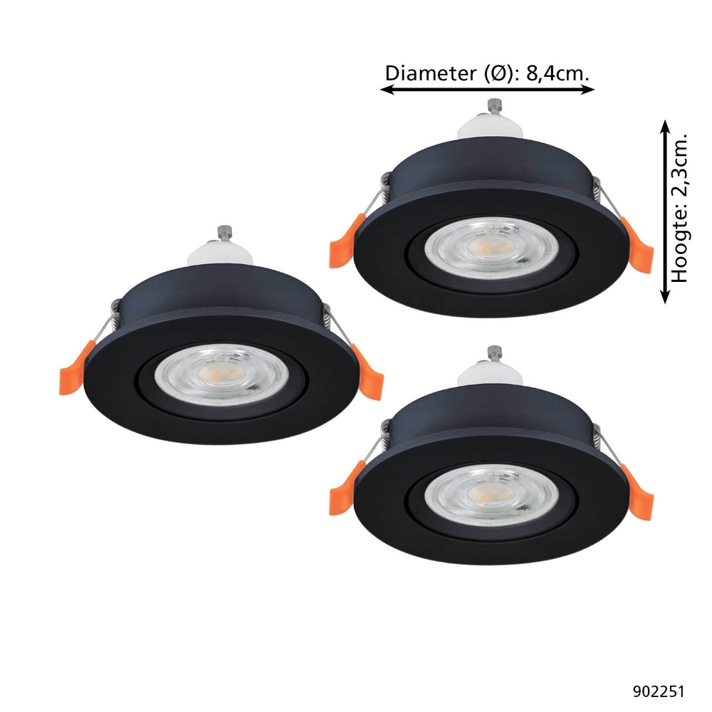 Set of 3 recessed spotlights Barranco black Ø 8,4cm IP44 - 4000K Eglo 9008606359318