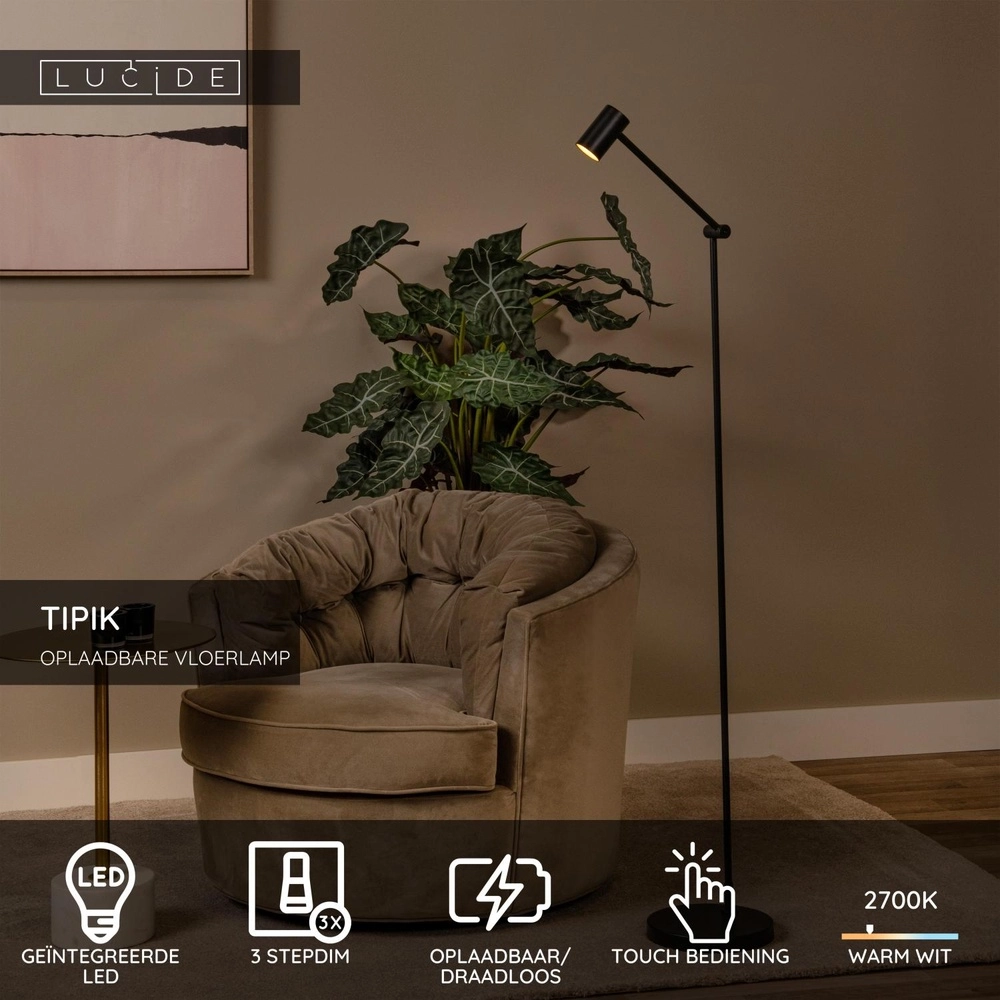 Rechargeable floor lamp Tipik Black Lucide 5411212361349