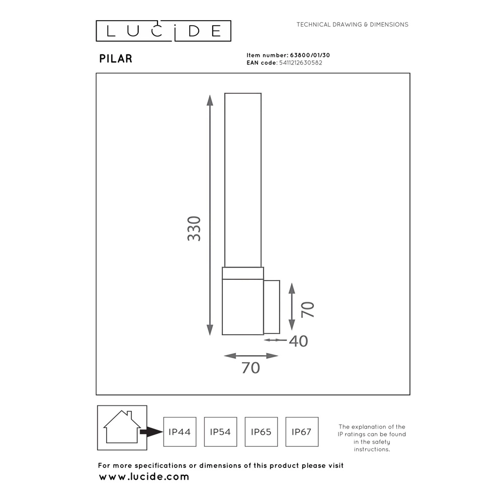 Design wall lamp Pilar Single Black Lucide 5411212630582