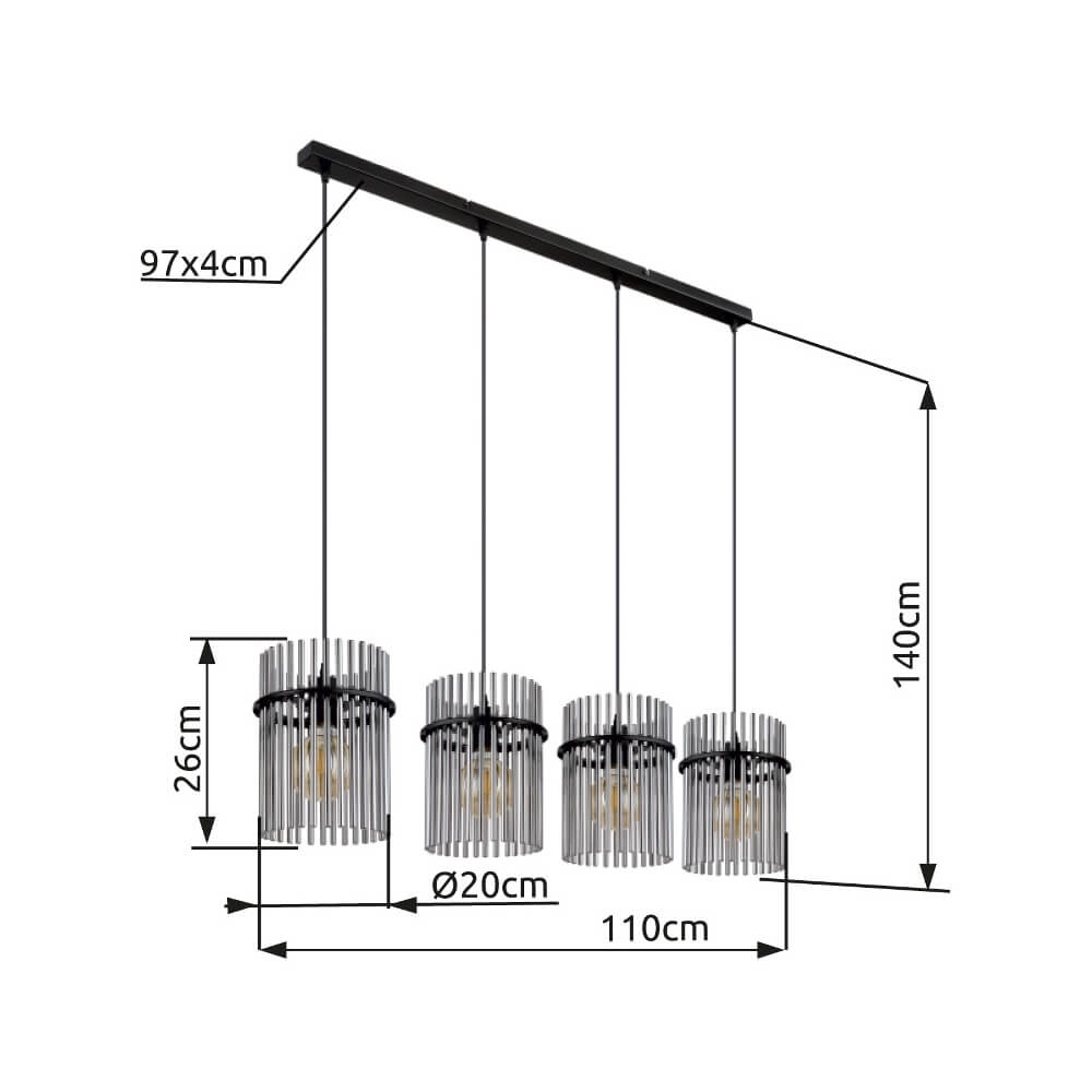 Black pendant lamp Gorley with smoke glass 4-lights Globo 9007371448180
